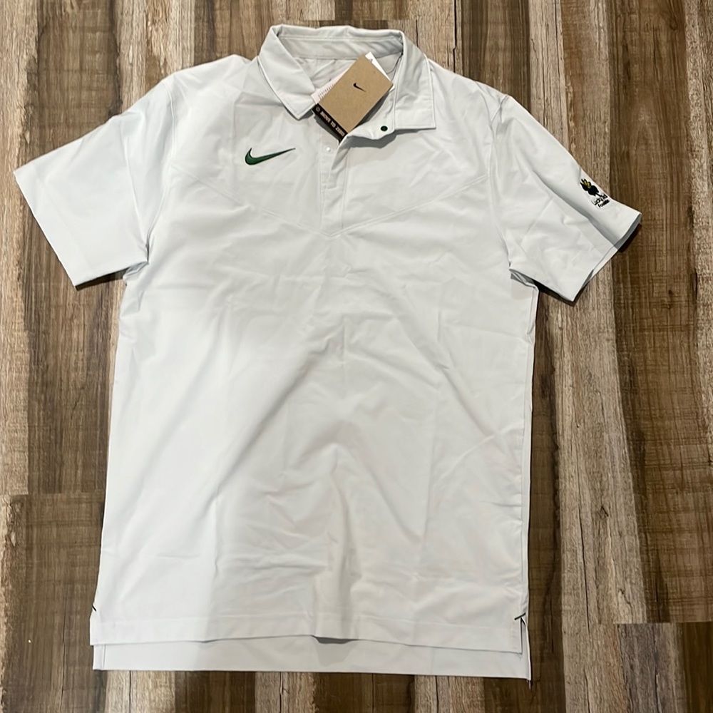 NWT Nike Men's Dri-FIT Coach Polo Size Medium light gray with green swoosh